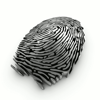 A stylized representation of a fingerprint made of extruded metal.