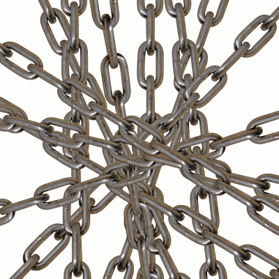 Metal chains radiate outwards haphazardly from the center of the image.
