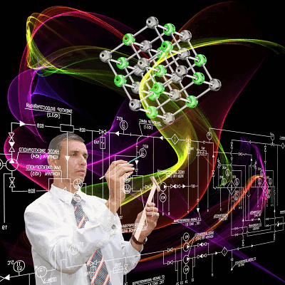 A man stands in front of a futuristic display.As he works light spirals around him in complex shapes.