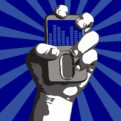 A stylized hand triumphantly holds a generic mobile device aloft.