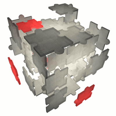 A stylized cube made of interlocking puzzle pieces.Some of the pieces are grey, and some are red.