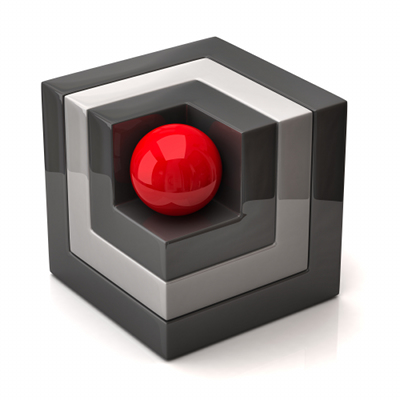 A shiny red sphere set inside a cube shaped hole in the near corner of a cube made of shiny grey material.